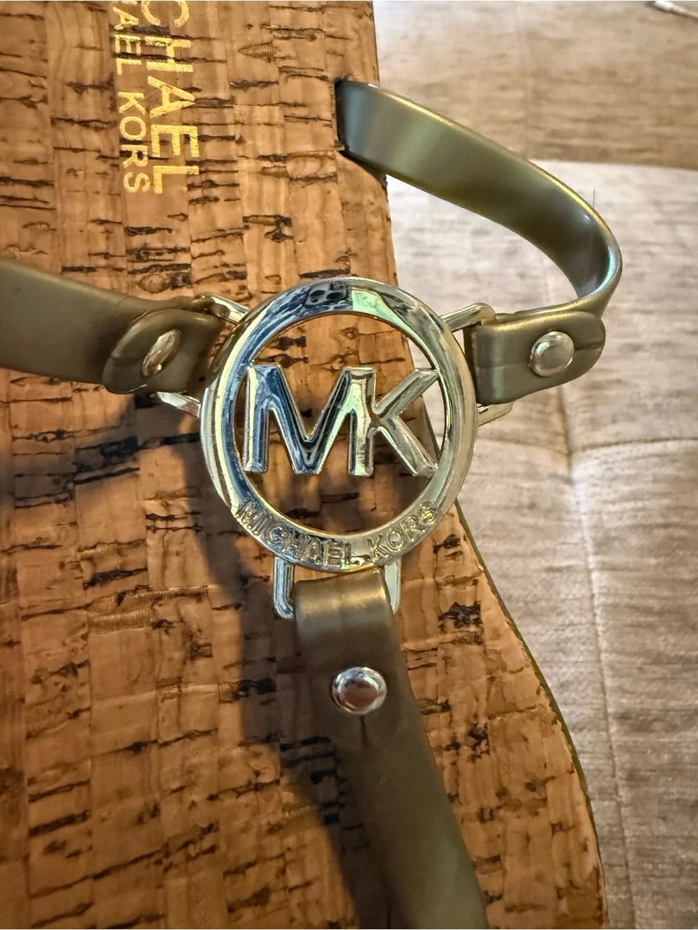 Michael Kors Gold Logo Tan Cork-Style Sandals